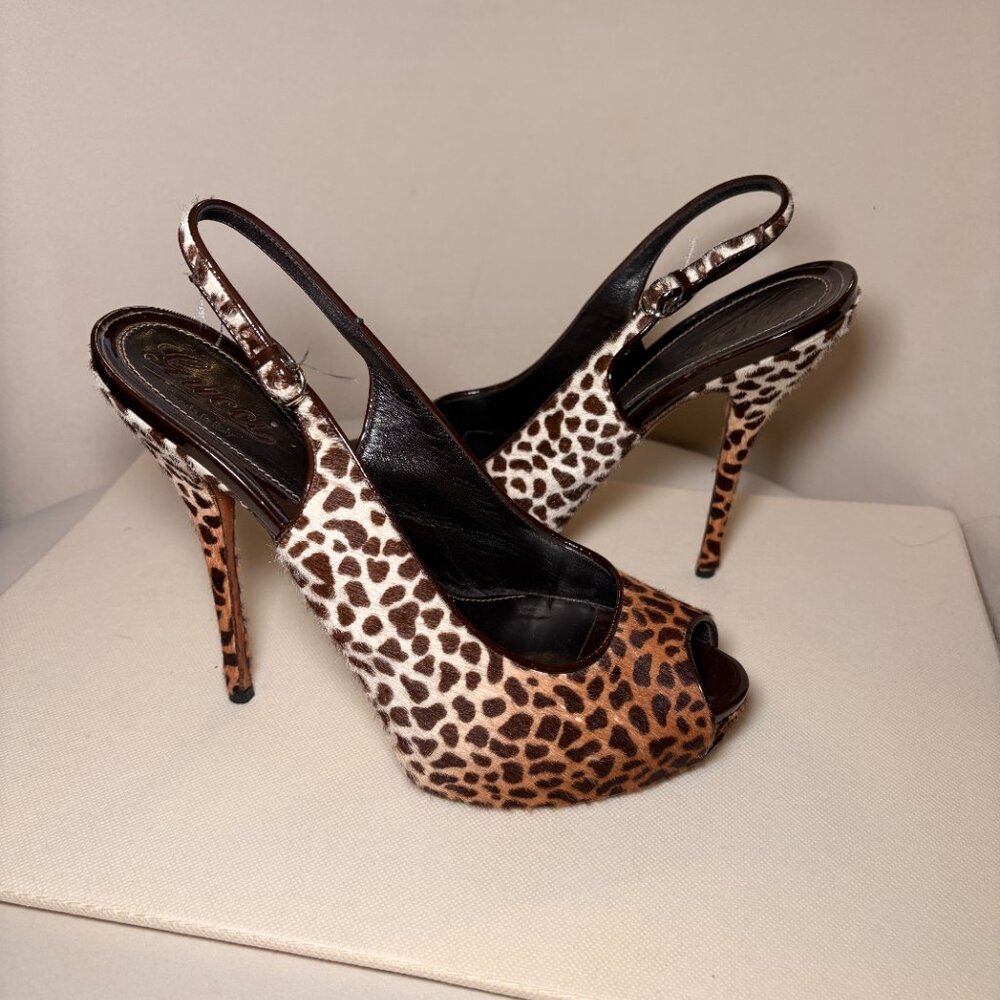 GUCCI Sofia Platform Peep Toe Slingback Pumps, Leopard Print Calf Hair, Sz 40